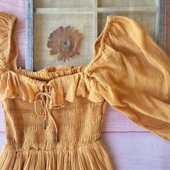 Free People Orange Oasis Smocked Ruffle Cotton Boho A-line Midi Dress XS - Picture 8 of 10